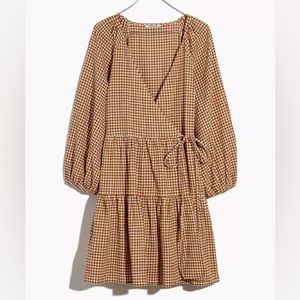 Madewell | Golden Pecan Gingham Puff Sleeve Wrap Dress Size XL NWT